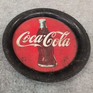 Vintage Coca Cola Metal Tray Coaster Round Red Bottle Graphic Collectible